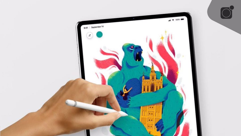 Close-up of a new iPad with a digital drawing app open. A hand holds a stylus, working on an illustration of a blue and green monstrous creature gripping a golden tower. The creature appears to be roaring, and the background features red, flame-like shapes.