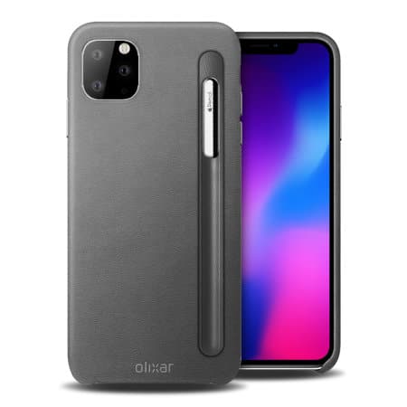 A smartphone with a vibrant screen displaying a colorful gradient sits next to an Olixar case. This sleek gray accessory, tailored for 2019 iPhones, features a built-in slot perfect for an Apple Pencil, which is partially exposed. The phone's camera module is also clearly visible.