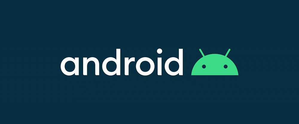 The image features the "android" logo with white text on a dark blue background. The text is written in lowercase, and the android robot head icon, in green, is positioned to the right of the text, reflecting Android 10's rebrand that moved away from dessert-themed names.