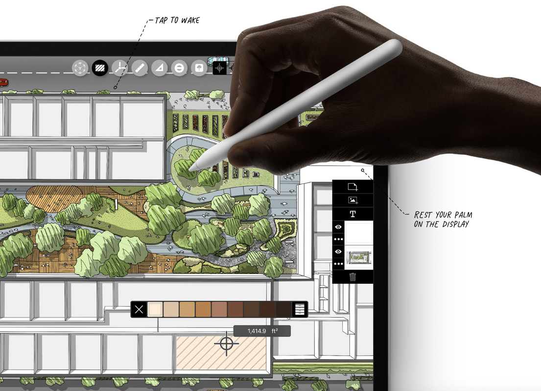 A hand using an Apple Pencil to draw on a tablet screen displaying an architectural site plan with landscaping details. The image has labels pointing to features like "Tap to Wake" and "Rest Your Palm on the Display," highlighting support for 2019 iPhones.