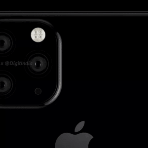 Close-up view of the back of the next iPhone showing four camera lenses and a flash in a square arrangement at the top left corner. The Apple logo is visible towards the center bottom.