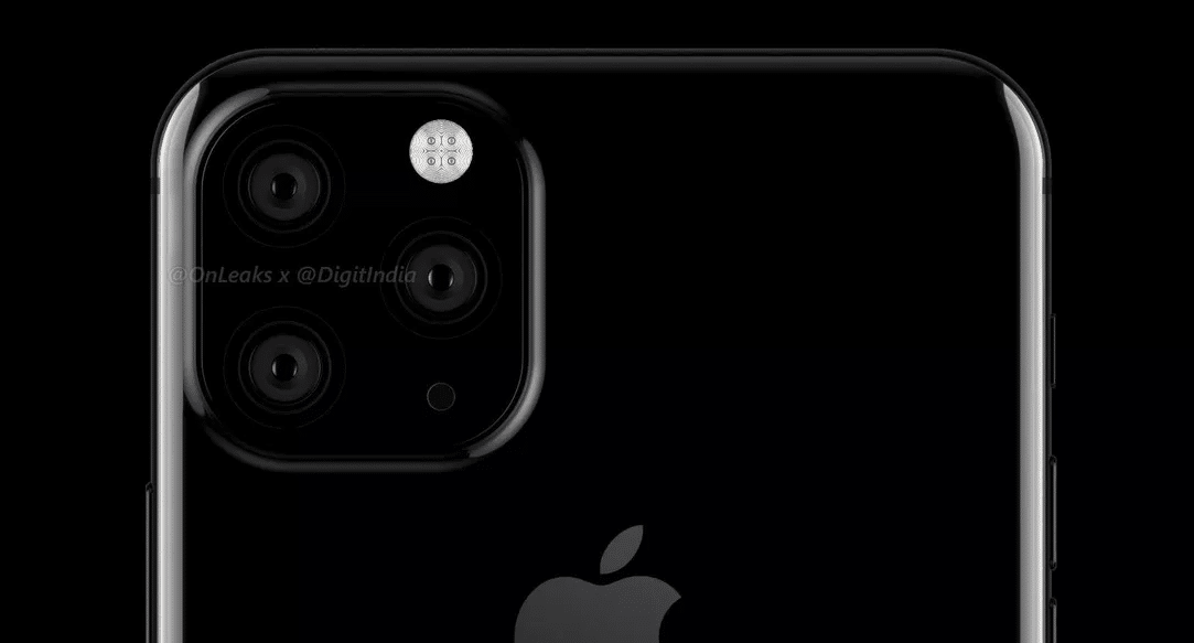 Close-up view of the back of the next iPhone showing four camera lenses and a flash in a square arrangement at the top left corner. The Apple logo is visible towards the center bottom.