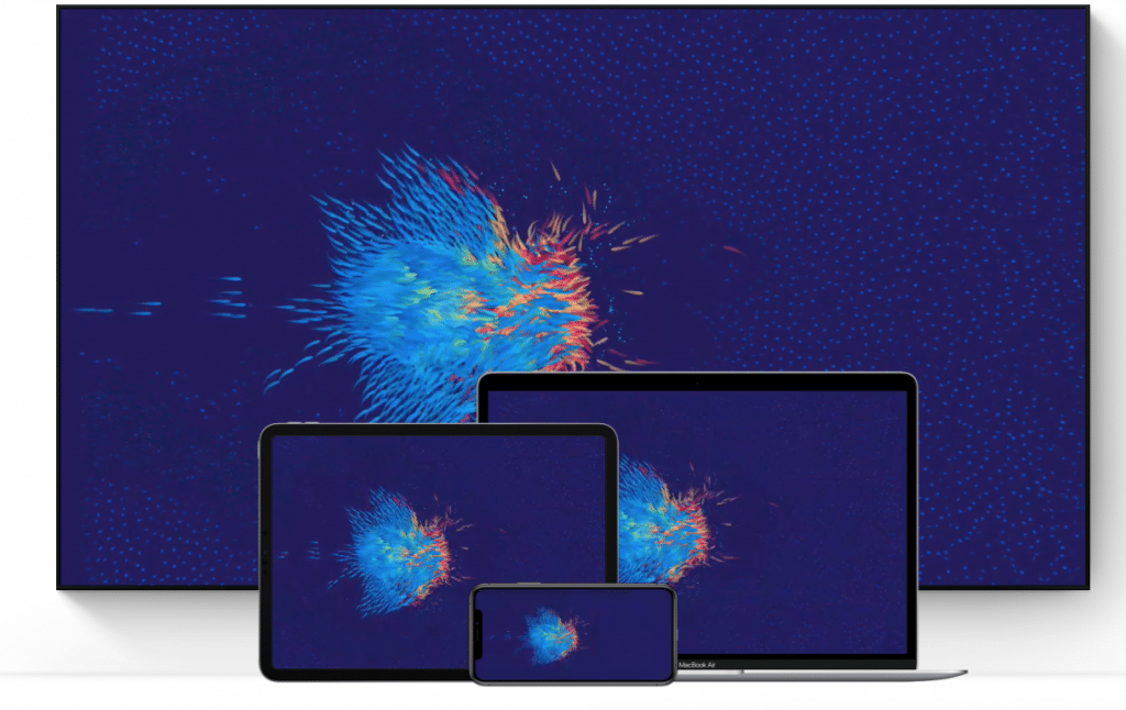 A large screen TV, tablet, laptop, and smartphone are lined up, each displaying the same abstract digital artwork available on Apple Arcade. The artwork features dynamic blue and orange streaks on a dark background, resembling a burst of energy or particles. Start your free trial today for just $4.99 per month.