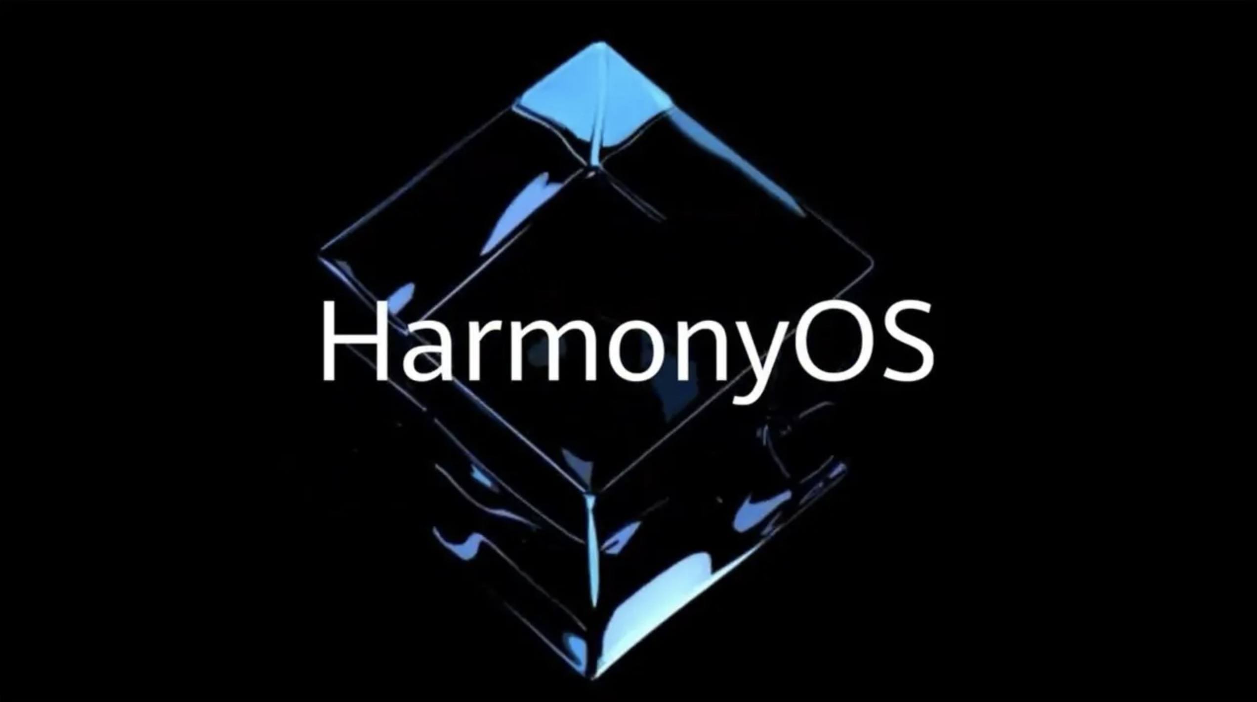 A 3D glass-like cube is displayed against a dark background with the text "HarmonyOS" superimposed on it in white font. The cube, representing Huawei's innovative operating system, has reflective blue highlights that give it a sleek and modern appearance.