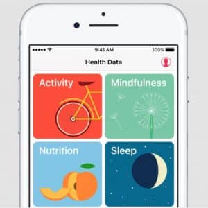 A smartphone screen displays a health app with four categories: Activity (with an image of a bicycle), Mindfulness (with an image of a dandelion), Nutrition (with an image of fruit), and Sleep (with an image of a crescent moon and stars). Integrate Apple Health Records for seamless access to medical records.