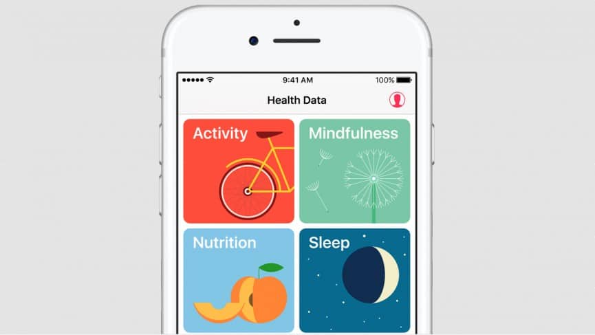 A smartphone screen displays a health app with four categories: Activity (with an image of a bicycle), Mindfulness (with an image of a dandelion), Nutrition (with an image of fruit), and Sleep (with an image of a crescent moon and stars). Integrate Apple Health Records for seamless access to medical records.