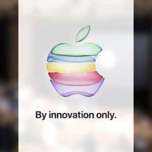 A blurred background with the Apple logo in the center, featuring colorful, translucent layers. Below the logo is the text "By innovation only." The background appears to be an indoor setting with soft lighting—hinting at a Special Event on September 10 by Apple.