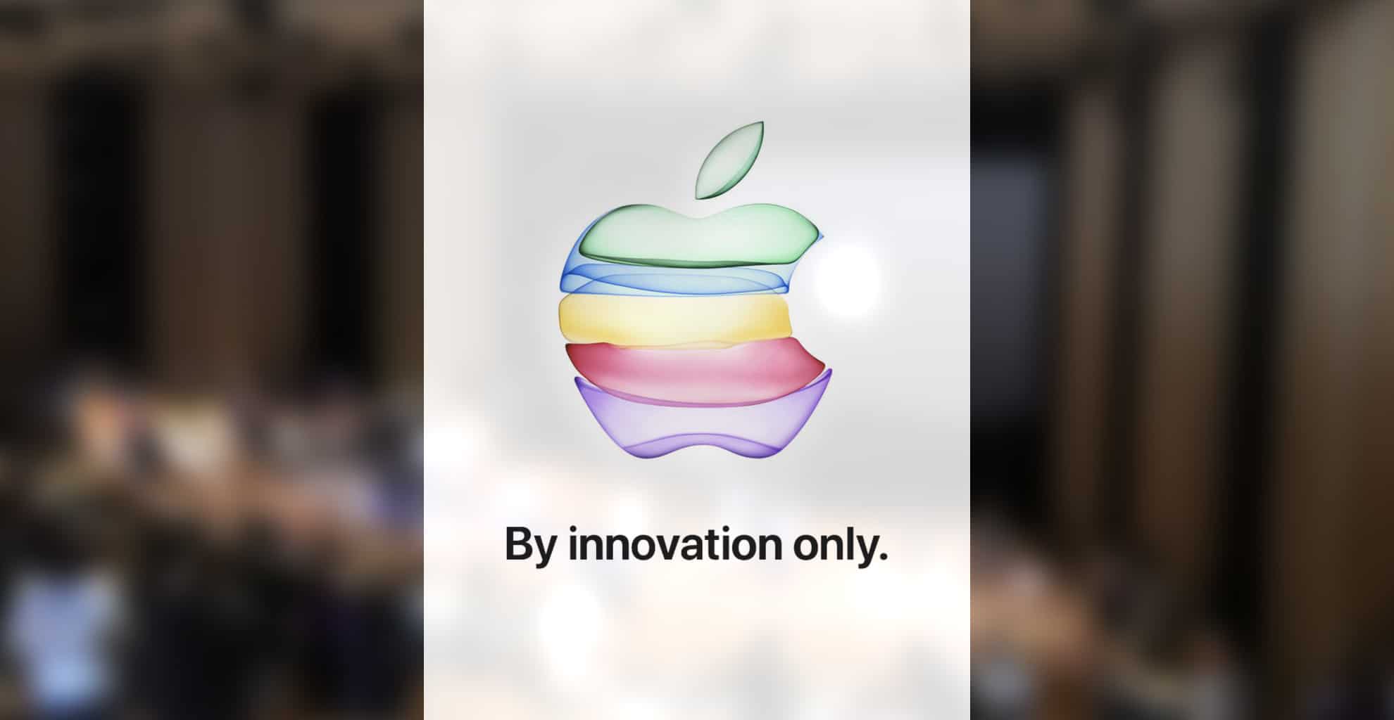 A blurred background with the Apple logo in the center, featuring colorful, translucent layers. Below the logo is the text "By innovation only." The background appears to be an indoor setting with soft lighting—hinting at a Special Event on September 10 by Apple.