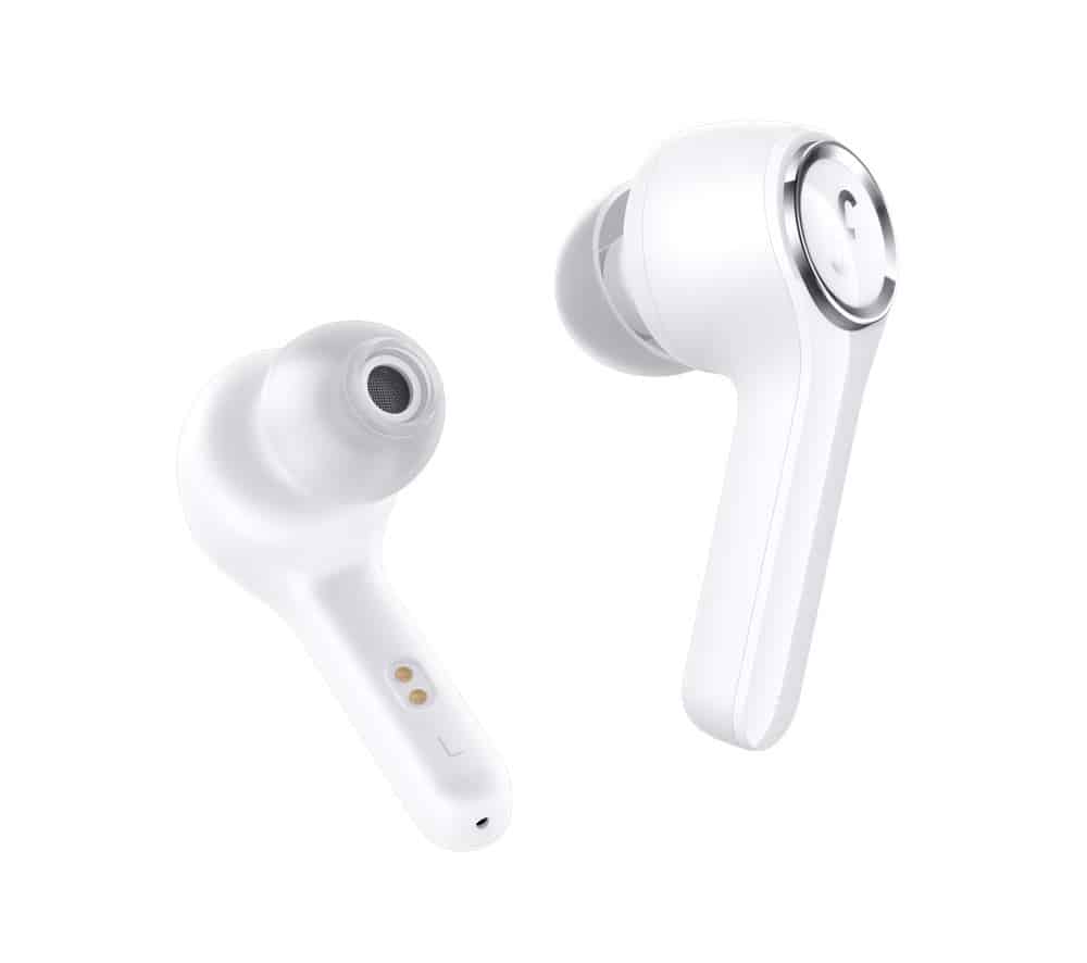 A pair of white wireless earbuds, each with a sleek, modern design. The earbuds feature ergonomic silicone tips and small metallic accents. An excellent AirPods rival, the AmazonPods are priced under $100. The left earbud is displayed with its inner side showing, exposing two small contact points.