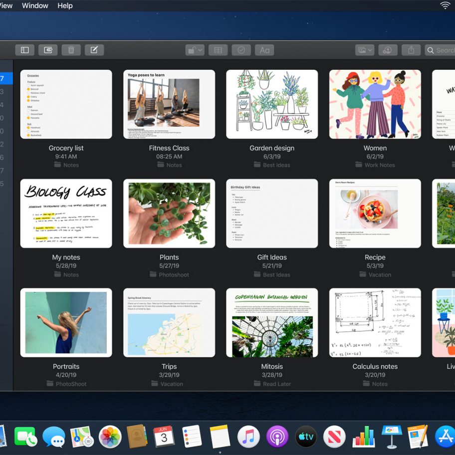 A screenshot of a Mac desktop showing the Notes app open. The app displays various note thumbnails including images of a grocery list, fitness class, garden design, women, watering schedule, biology class, recipe, artwork, plants, and more. The sidebar lists folders.