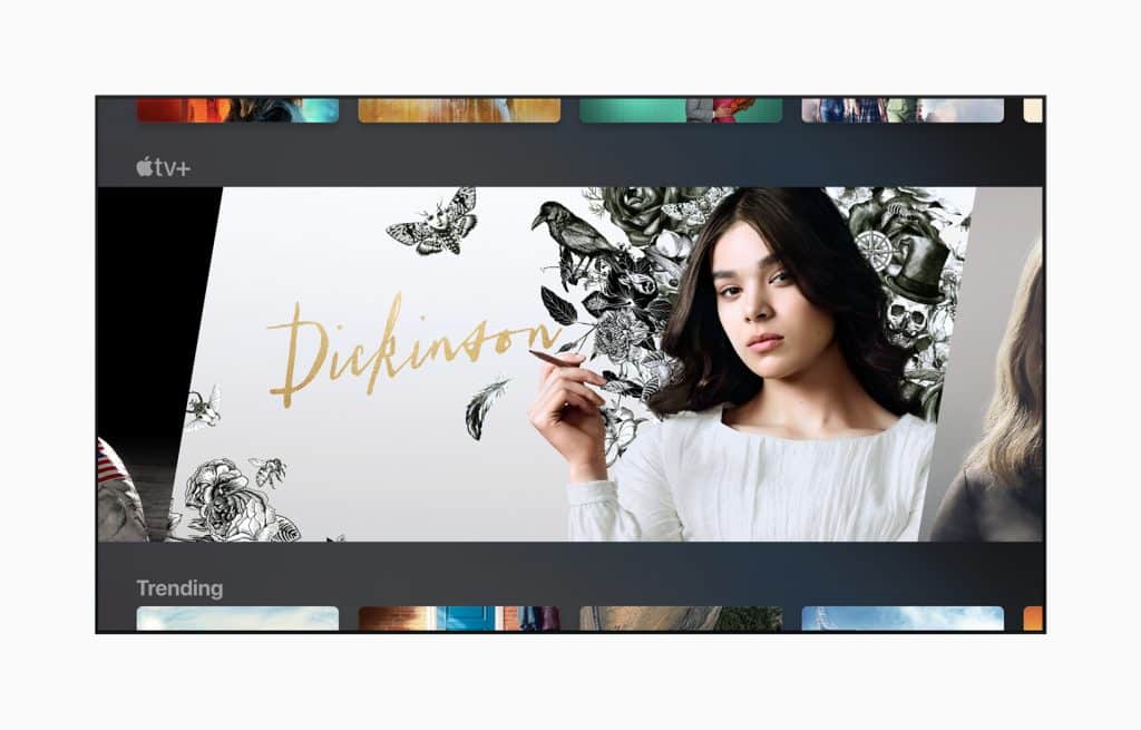 Promotional image for the TV show "Dickinson" on Apple TV+. It features a young woman in a white dress against a background with intricate sketches of flowers and animals. The show's title "Dickinson" is written in calligraphic gold text. Launch date: November 1 on Apple TV+.