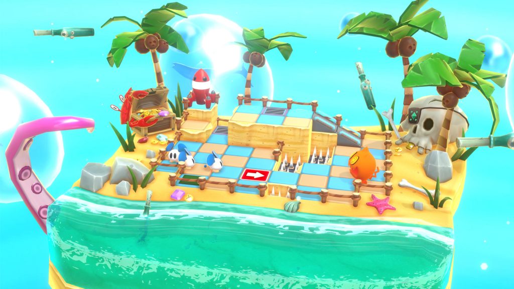 A colorful, tropical island-themed board game scene with a sandy pathway, surrounded by water. Decorative elements include palm trees, seashells, starfish, a treasure chest, a rocket, and a tiki hut. The board has checkered tiles with an arrow pointing forward. Perfect for fans of new games on Apple Arcade.