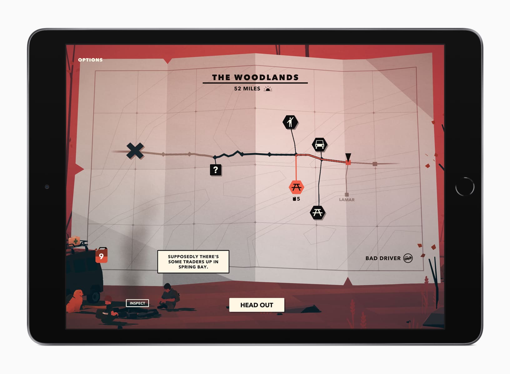 A tablet screen displays a map titled "The Woodlands - 52 Miles." The map shows a route with icons indicating various checkpoints and a caption stating, "Supposedly there's some fresh gas in Spring Bay." At the bottom, buttons are labeled "INSPECT" and "HEAD OUT," perfect for Apple Arcade beta testers on iOS 13.