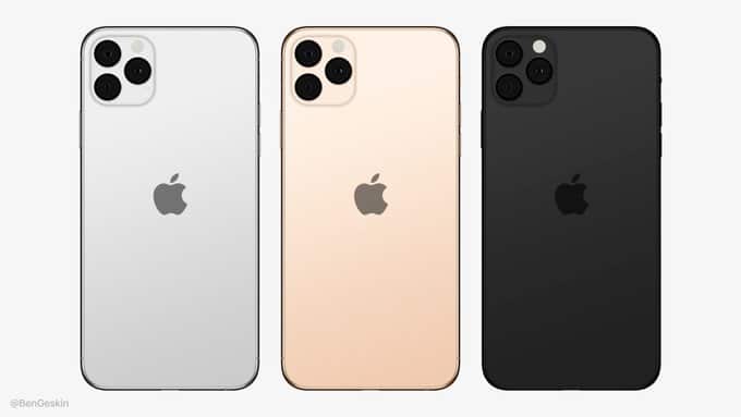 A lineup of three 2019 iPhones with the Apple logo on their backs, featuring a triple camera setup and wireless charging. From left to right, the colors are silver, gold, and black against a plain white background.