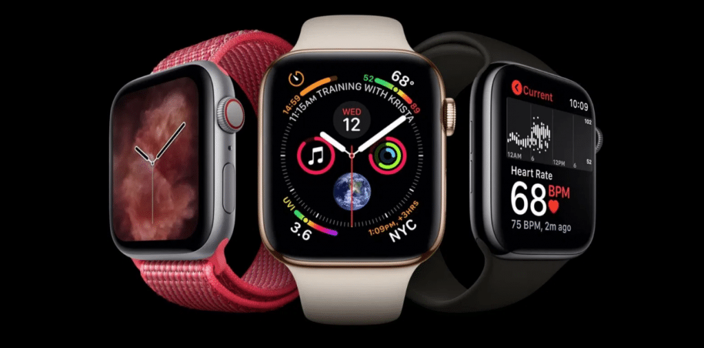 Three smartwatches are displayed against a black background. The one on the left wears a pink band, showing a simple face. The middle Apple Watch has a cream band, displaying activity rings and time. The rightmost watch sports a black band with self-tightening features and a digital heart rate display.