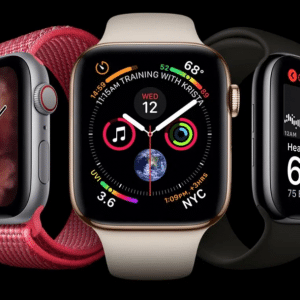 Three smartwatches are displayed against a black background. The one on the left wears a pink band, showing a simple face. The middle Apple Watch has a cream band, displaying activity rings and time. The rightmost watch sports a black band with self-tightening features and a digital heart rate display.