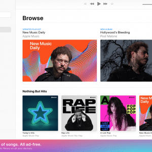 A screenshot of Apple Music's Browse page, featuring sections for new music. The top section highlights "New Music Daily" by Apple Music and "Hollywood's Bleeding" by Post Malone. Below, "Nothing But Hits" includes albums like "Today's Hits," "Rap Life," and more. Check out the updated beta web version today!