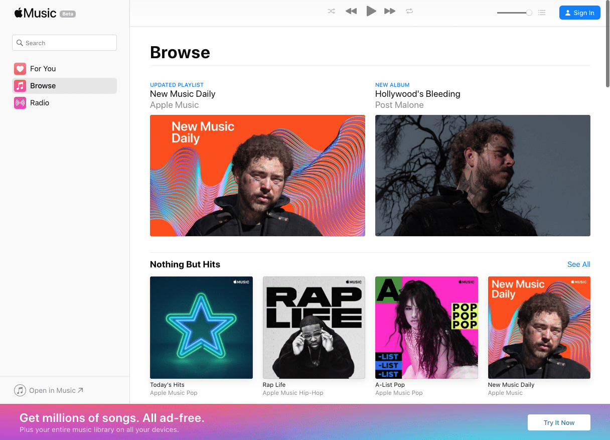 A screenshot of Apple Music's Browse page, featuring sections for new music. The top section highlights "New Music Daily" by Apple Music and "Hollywood's Bleeding" by Post Malone. Below, "Nothing But Hits" includes albums like "Today's Hits," "Rap Life," and more. Check out the updated beta web version today!