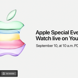 Promotional image for an Apple Special Event with a colorful, translucent Apple logo on a white background. Text states, "Apple Special Event. Watch live on YouTube. September 10 event at 10 a.m. PDT." A button at the bottom says, "Live in 33 hours" with an option to set a reminder.