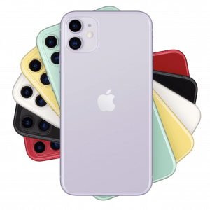 A collection of 2019 iPhones, arranged in a fan shape, showcasing various colors including purple, yellow, green, black, white, and red. The frontmost Apple phone is purple, displaying its back with the iconic logo and dual camera setup.