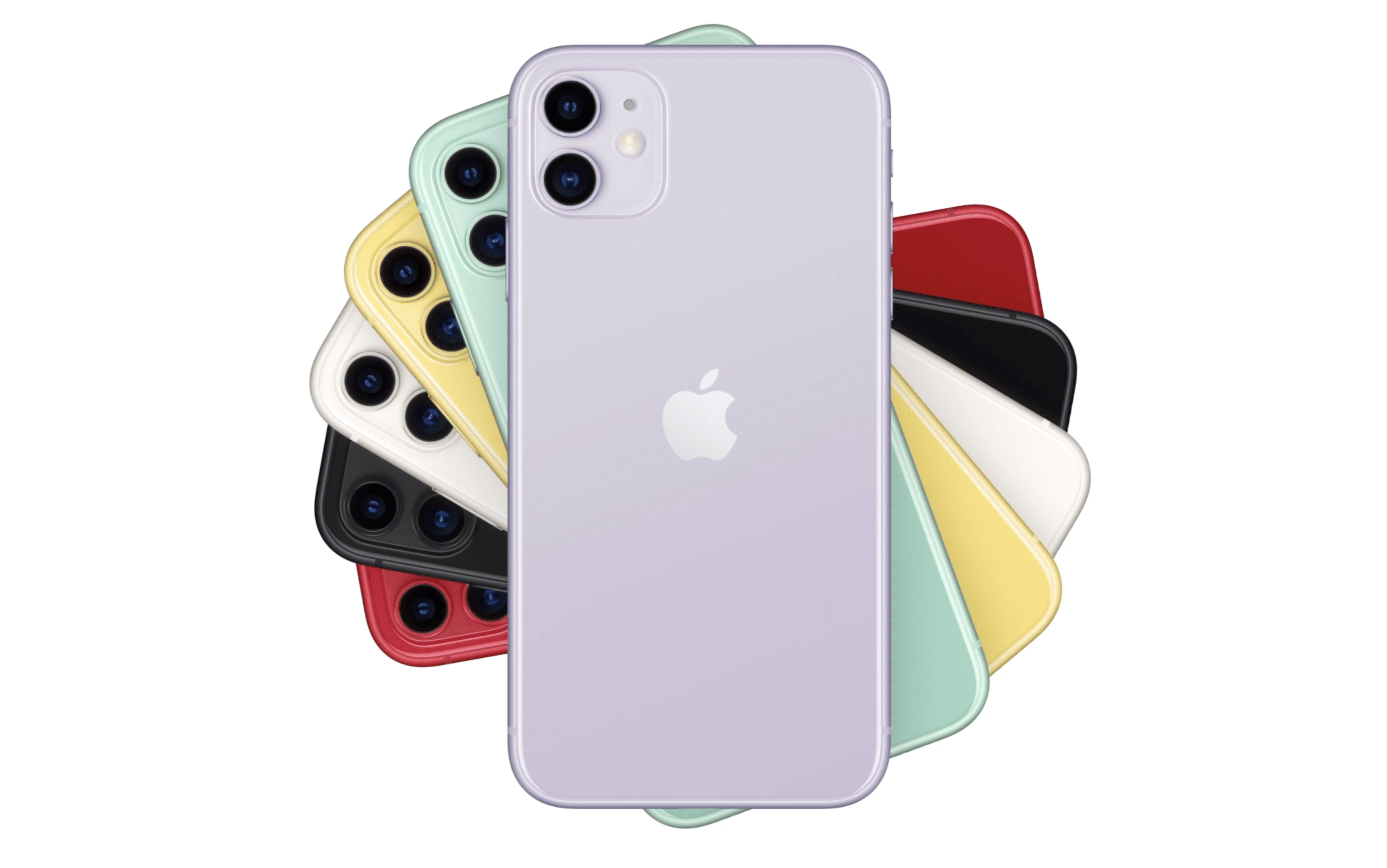 A collection of 2019 iPhones, arranged in a fan shape, showcasing various colors including purple, yellow, green, black, white, and red. The frontmost Apple phone is purple, displaying its back with the iconic logo and dual camera setup.