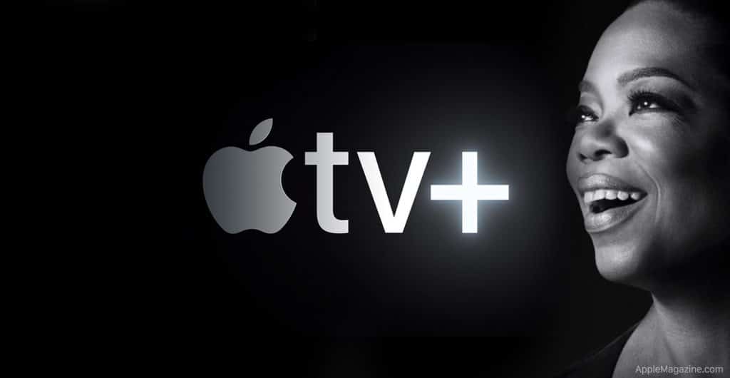 A black and white image shows the Apple TV+ logo in the center with the apple icon followed by "tv+" in a sleek, luminous font. On the right side is a smiling woman's face partially visible against a dark background. "AppleMagazine.com" and "November 1 launch date" are in the bottom right corner.