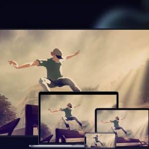 A vibrant image showcases a skateboarder mid-air on a TV screen, with the same image displayed across a laptop, tablet, and smartphone. The background is dark, accentuating the illuminated screens—perfect for enjoying Apple Arcade when it launches September 19 for just $4.99/month.