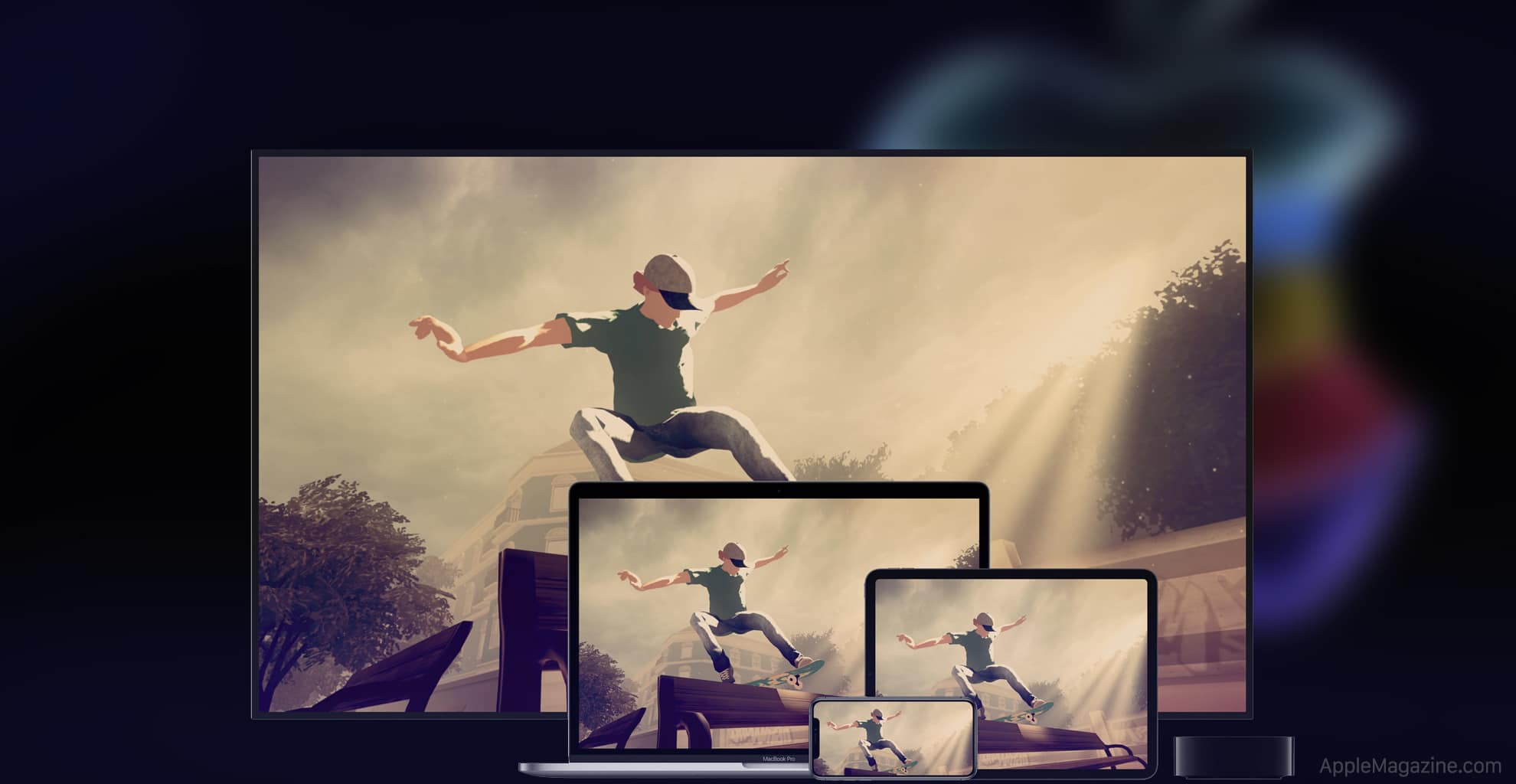 A vibrant image showcases a skateboarder mid-air on a TV screen, with the same image displayed across a laptop, tablet, and smartphone. The background is dark, accentuating the illuminated screens—perfect for enjoying Apple Arcade when it launches September 19 for just $4.99/month.