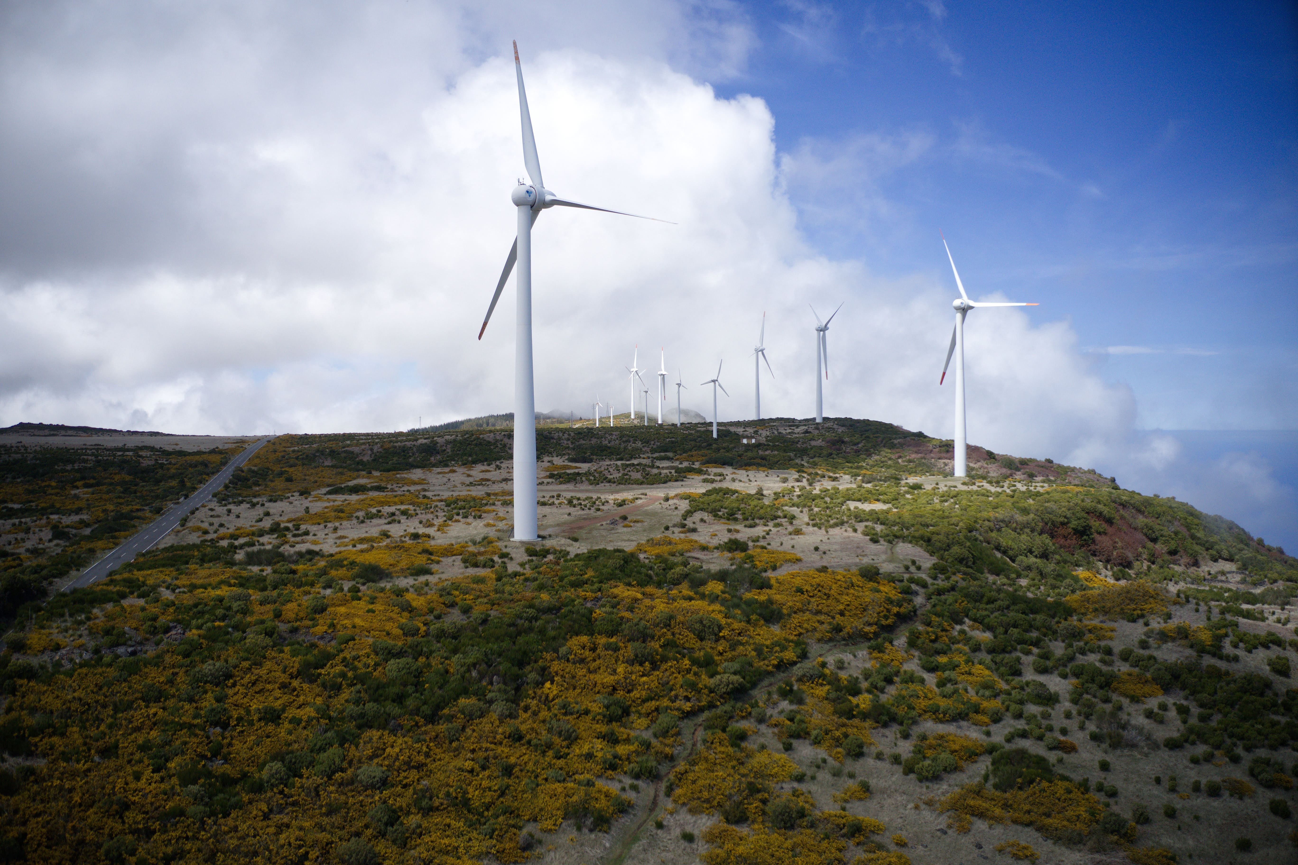 Multiple wind turbines stand tall on a hill covered with green vegetation and yellow shrubs under a partly cloudy sky. The turbines, spaced at varying distances, capture green energy in a serene landscape, symbolizing the potential of investing in sustainable futures.