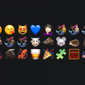 A grid of various new emojis on a black background: smiling faces, hearts, dancing people, animals (cow, mouse, hedgehog, octopus, squid), whiskey glass, party hat, puzzle piece, abacus, and the Malaysian flag. Discover what's changed with iOS 13.1.