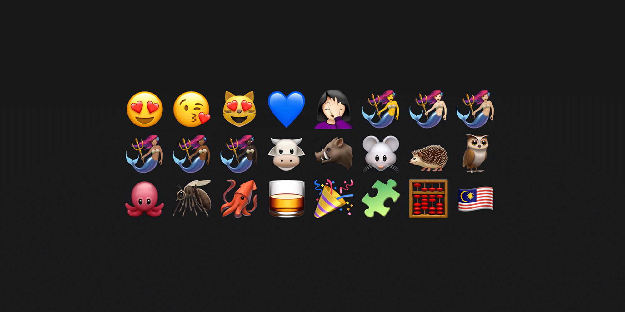 A grid of various new emojis on a black background: smiling faces, hearts, dancing people, animals (cow, mouse, hedgehog, octopus, squid), whiskey glass, party hat, puzzle piece, abacus, and the Malaysian flag. Discover what's changed with iOS 13.1.