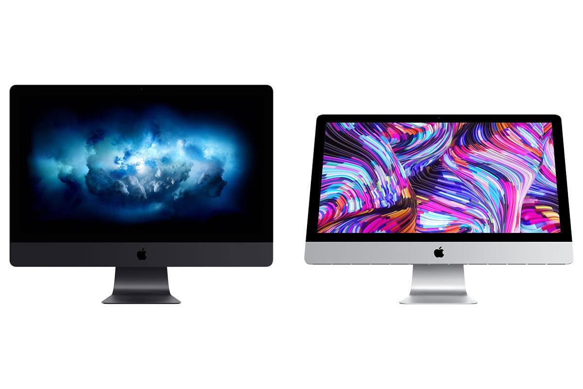 Two desktop computers are displayed side by side. The one on the left has a dark screen with a cloudy, abstract design, while the one on the right features a colorful, swirling abstract pattern on the display. Both Macs are iMacs.