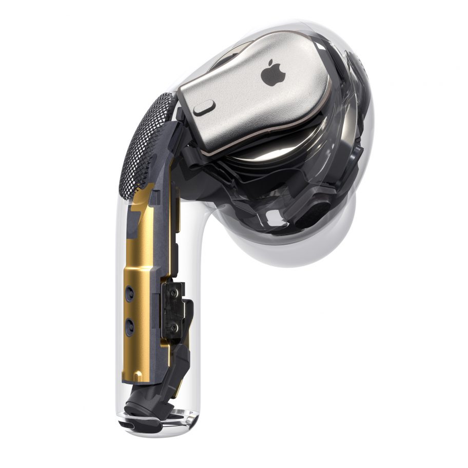 A close-up, cross-sectional view of an Apple AirPods Pro. The transparent casing reveals internal components, including the circuitry, battery, and speaker unit. The Apple logo is visible on a silver part at the top. These premium earbuds are valued at $249.