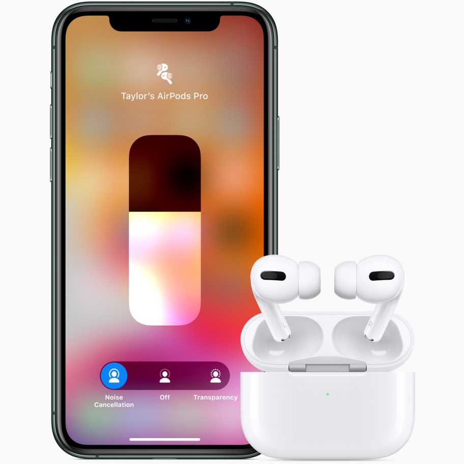 A smartphone displaying the connection screen for "Taylor's AirPods Pro," showing options for Noise Cancellation, Off, and Transparency. Below the screen, a pair of Apple AirPods Pro, priced at $249, are placed in an open charging case with a green indicator light.