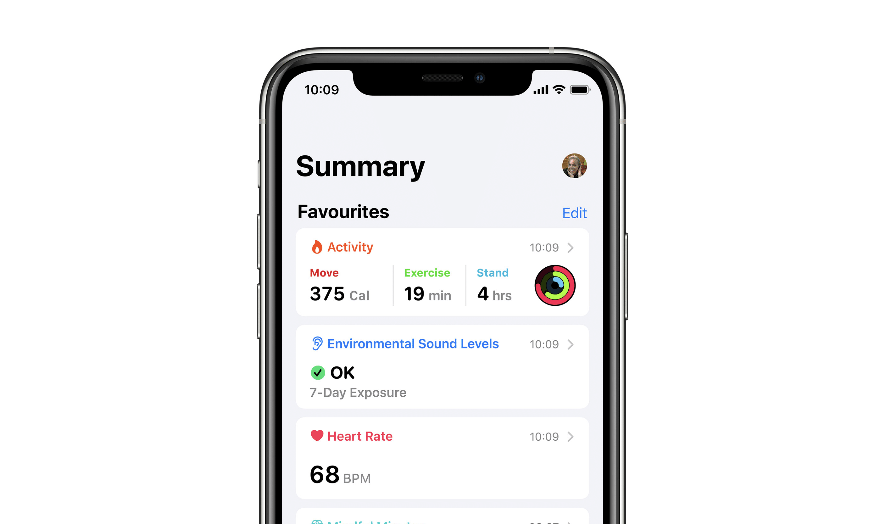 A smartphone screen displays a health summary app by Apple. The summary includes activity statistics: 375 calories moved, 19 minutes of exercise, and 4 hours of standing. Environmental sound levels are OK, and the heart rate is 68 BPM. This fitness tracking app supports various health metrics.