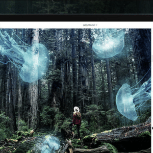 A person wearing a hat stands in a dense forest, looking up at giant, glowing jellyfish floating above. The scene is displayed on a tablet screen with Adobe Photoshop for iPad open, showcasing editing tools and layer properties, indicating digital artwork in progress since its release date.