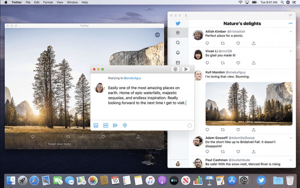 A Mac desktop screen displays a Twitter feed with nature photos and comments. A separate message window is open, reading, "Easily one of the most amazing places on earth. Home to epic waterfalls, majestic sequoias, and endless inspiration. Really looking forward to the next time I get to visit! #Apple