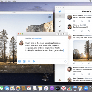 A Mac desktop screen displays a Twitter feed with nature photos and comments. A separate message window is open, reading, "Easily one of the most amazing places on earth. Home to epic waterfalls, majestic sequoias, and endless inspiration. Really looking forward to the next time I get to visit! #Apple