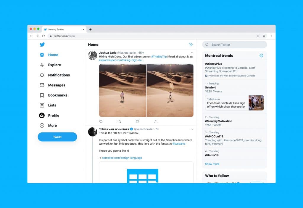 Screenshot of the Twitter homepage on a desktop screen. The left sidebar contains navigation options like Home, Explore, Notifications, Messages, Bookmarks, Lists, Profile, and More. On the main feed featuring topic follows and live tweet streaming, tweets include an image of a desert hike and a website promotion.