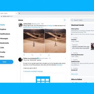 Screenshot of the Twitter homepage on a desktop screen. The left sidebar contains navigation options like Home, Explore, Notifications, Messages, Bookmarks, Lists, Profile, and More. On the main feed featuring topic follows and live tweet streaming, tweets include an image of a desert hike and a website promotion.