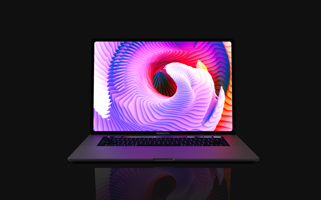 A sleek, open 16-inch MacBook Pro displays a vibrant, abstract digital artwork with swirling patterns in shades of pink, purple, and red on its screen. The laptop is set against a black background, with a faint reflection visible beneath it.