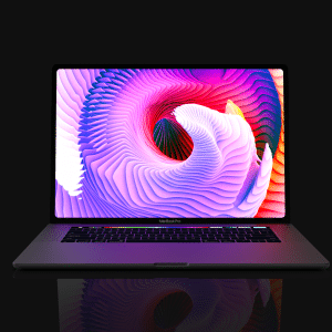 A sleek, open 16-inch MacBook Pro displays a vibrant, abstract digital artwork with swirling patterns in shades of pink, purple, and red on its screen. The laptop is set against a black background, with a faint reflection visible beneath it.