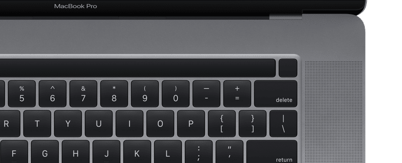 A close-up of a 16-inch MacBook Pro keyboard shows the top-left portion with number keys, special characters, and the delete key. The Touch Bar is prominently featured above the layout. The speaker grille is partially visible on the right side.