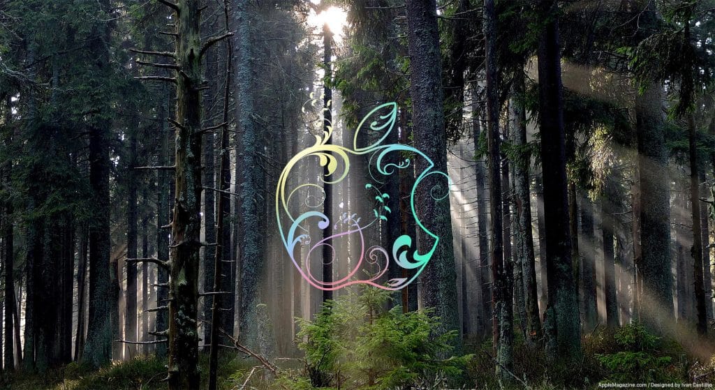 A whimsical, colorful Apple logo with floral and vine designs is overlaid on an image of a dense, sunlit forest with towering trees and rays of sunlight streaming through the canopy.