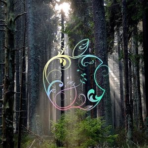 A whimsical, colorful Apple logo with floral and vine designs is overlaid on an image of a dense, sunlit forest with towering trees and rays of sunlight streaming through the canopy.