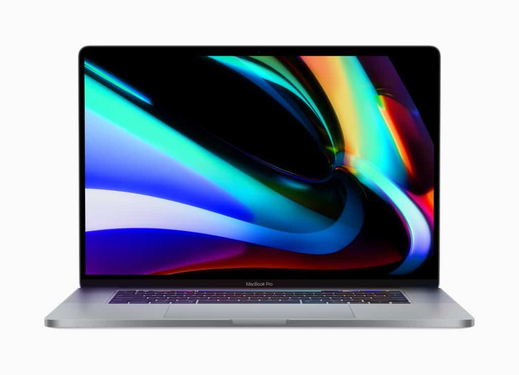 The 16-inch MacBook Pro boasts a sleek silver body and a visually striking screen that displays colorful, swirling abstract patterns. The keyboard is visible below the display, with the brand name "MacBook Pro" inscribed on the bottom bezel, reaffirming its status as Apple's world's best pro notebook.