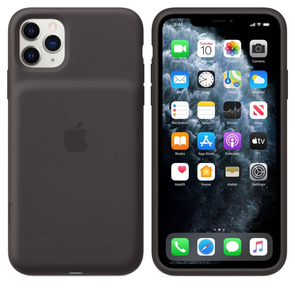 The image shows two black iPhone 11s, one facing the back and one facing the front. The back view showcases the Apple logo and a triple camera setup, while the front view displays the home screen with various app icons. Both iPhones are encased in black smart battery cases for added protection.