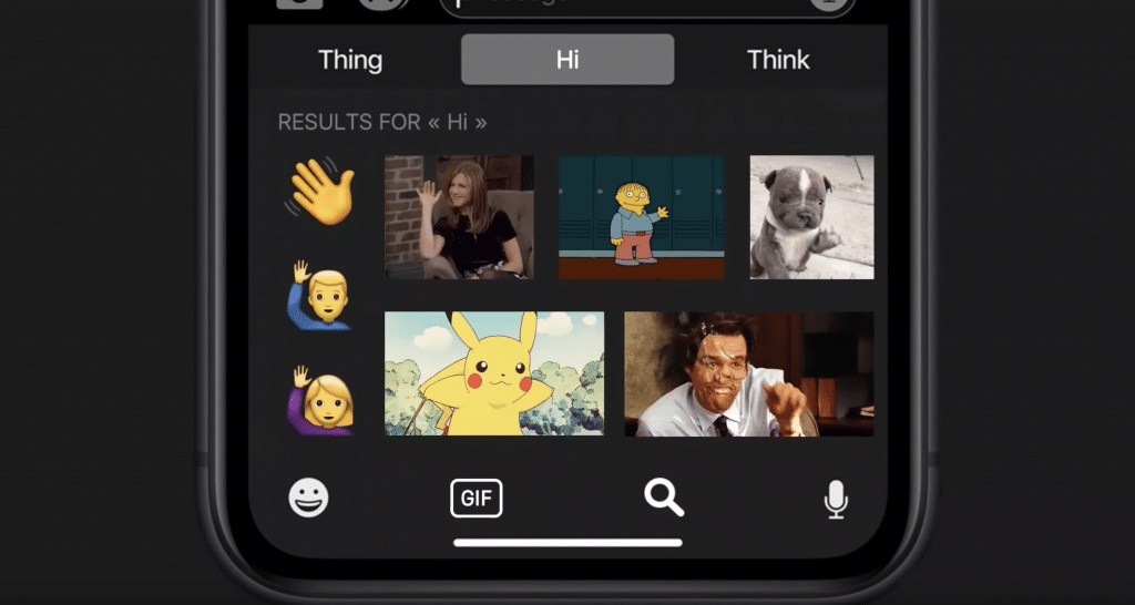 A smartphone screen running iOS 14 shows a GIF search interface. The search term is "Hi." Several GIFs and images appear, including waving hand emojis, Pikachu, a man waving, a cartoon character, a baby, and a dog. Tabs labeled "Thing," "Hi," and "Think" are visible at the top.