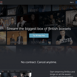 Screenshot of the BritBox homepage. The page displays a banner promoting "The biggest box of British boxsets" with an option to "Try 30 days free." Featured are various British TV shows from BBC and ITV. There is a "Sign In" and "Register" option at the top.