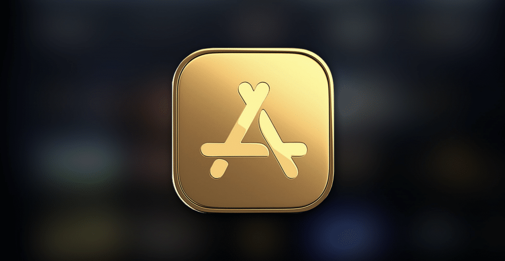 A gold app icon featuring a stylized "A" made of three overlapping sticks against a dark, blurred background. The icon has smooth, rounded edges and a glossy finish, reminiscent of Apple's premium designs.